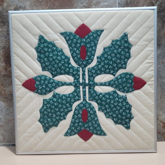Framed Oak Leaf and Reel Princess Feather Appliqué Pattern Quilt Hanging Wall Ar - Picture 1 of 11